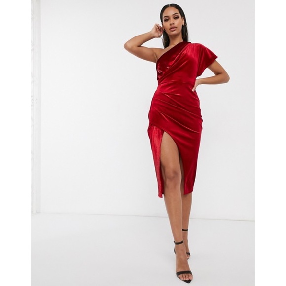 red velvet one shoulder dress
